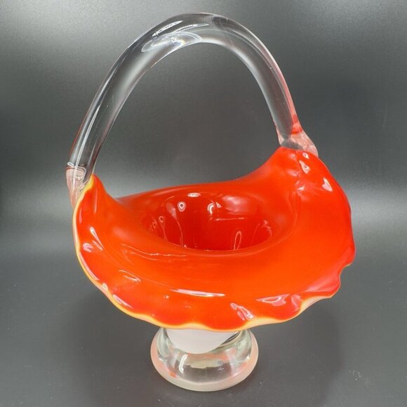 Vintage 1980s Venetian Art Glass Basket Bowl With Handle Red White Art Glass VTG - Picture 7 of 14